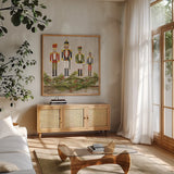 Nutcrackers on a Mantel by Silvia Vassileva. Shown in a natural wood frame in a cozy modern living room. Available as an archival giclee rolled canvas, fine art paper, or poster print. SKU 65240a.