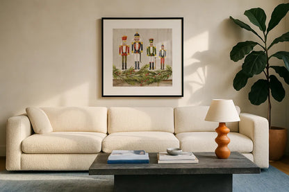 Nutcrackers on a Mantel by Silvia Vassileva. Displayed in a glass frame with matte in a clean modern living room. Available as an archival giclee rolled canvas, fine art paper, or poster print. SKU 65240a.
