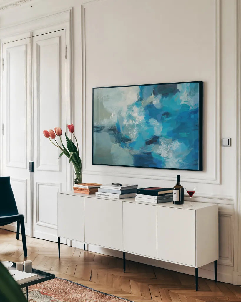 Ocean Storm Crop by Silvia Vassileva. shown as a framed stretched canvas in a living room above a console. Available as a archival giclee rolled canvas, fine art paper, or poster print. SKU 79881i.