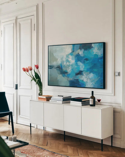 Ocean Storm Crop by Silvia Vassileva. shown as a framed stretched canvas in a living room above a console. Available as a archival giclee rolled canvas, fine art paper, or poster print. SKU 79881i.