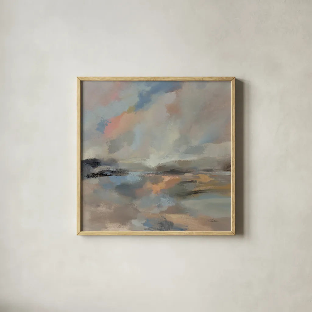 Oceanside Dusk by Silvia Vassileva. Shown in a natural wood glass frame for a timeless modern aesthetic. Available as an archival giclee rolled canvas, fine art paper, or poster print. SKU 86937a.