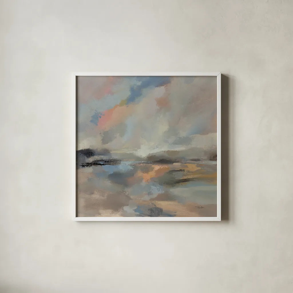 Oceanside Dusk by Silvia Vassileva. Shown in a crisp white glass frame for a clean and minimalist style. Available as an archival giclee rolled canvas, fine art paper, or poster print. SKU 86937a.
