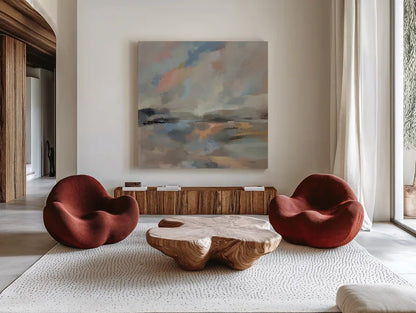 Oceanside Dusk by Silvia Vassileva. Shown as extra-large giant wall art in a modern living room. Available as an archival giclee rolled canvas, fine art paper, or poster print. SKU 86937a.