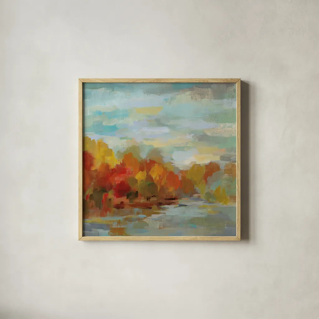 October Dreamscape by Silvia Vassileva. Shown in a natural wood glass frame for a timeless modern aesthetic. Available as an archival giclee rolled canvas, fine art paper, or poster print. SKU 29740a.