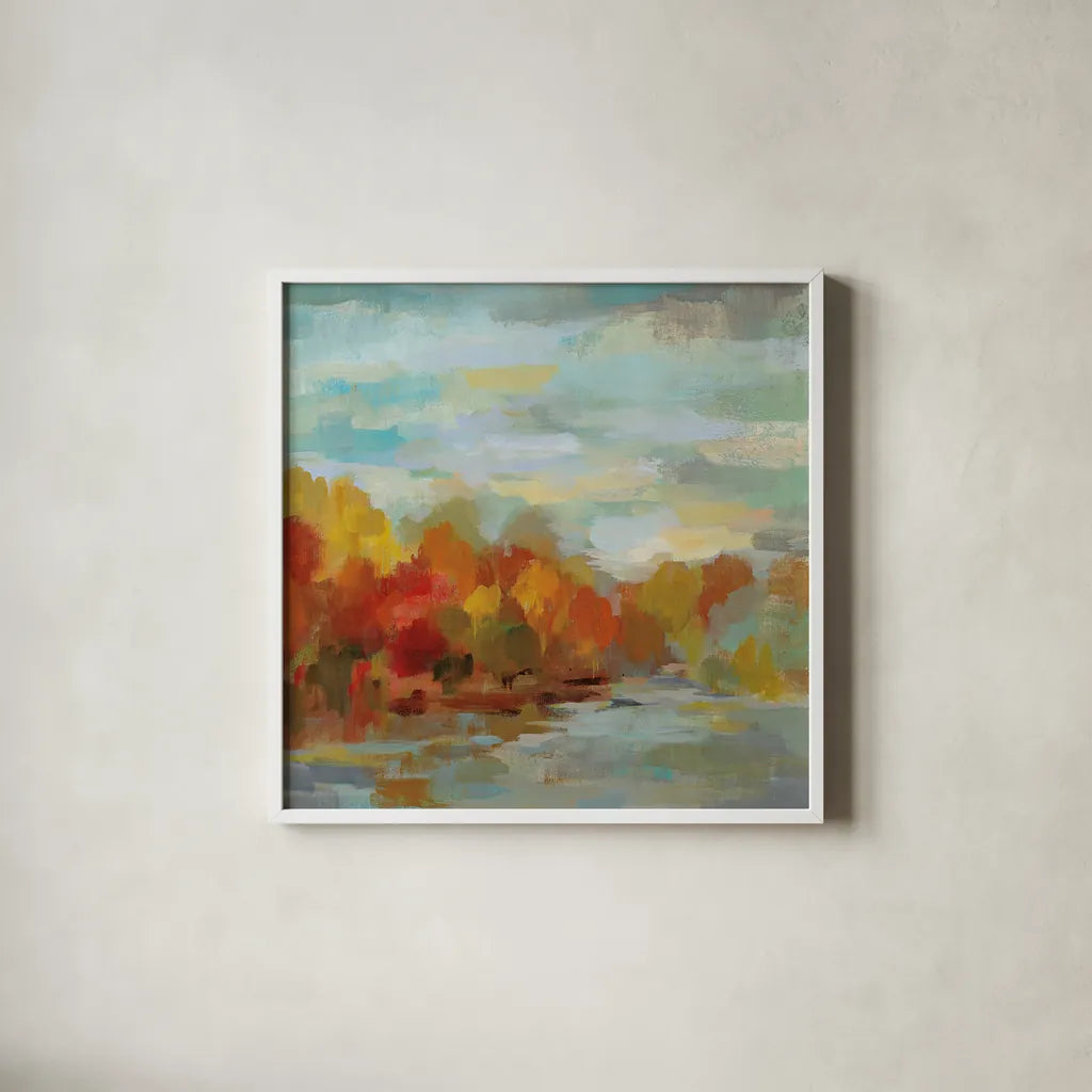 October Dreamscape by Silvia Vassileva. Shown in a crisp white glass frame for a clean and minimalist style. Available as an archival giclee rolled canvas, fine art paper, or poster print. SKU 29740a.