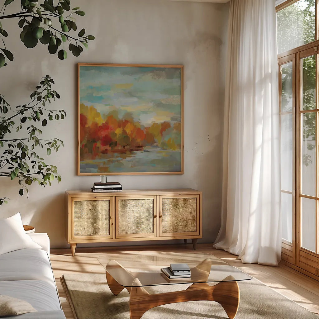October Dreamscape by Silvia Vassileva. Shown in a natural wood frame in a cozy modern living room. Available as an archival giclee rolled canvas, fine art paper, or poster print. SKU 29740a.