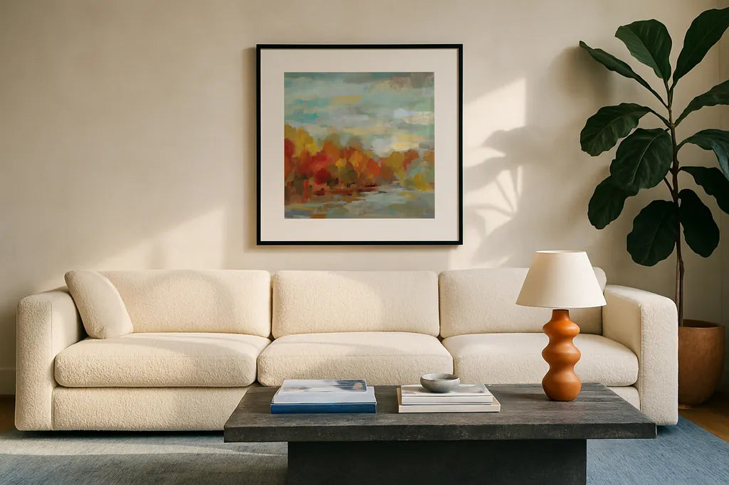 October Dreamscape by Silvia Vassileva. Displayed in a glass frame with matte in a clean modern living room. Available as an archival giclee rolled canvas, fine art paper, or poster print. SKU 29740a.