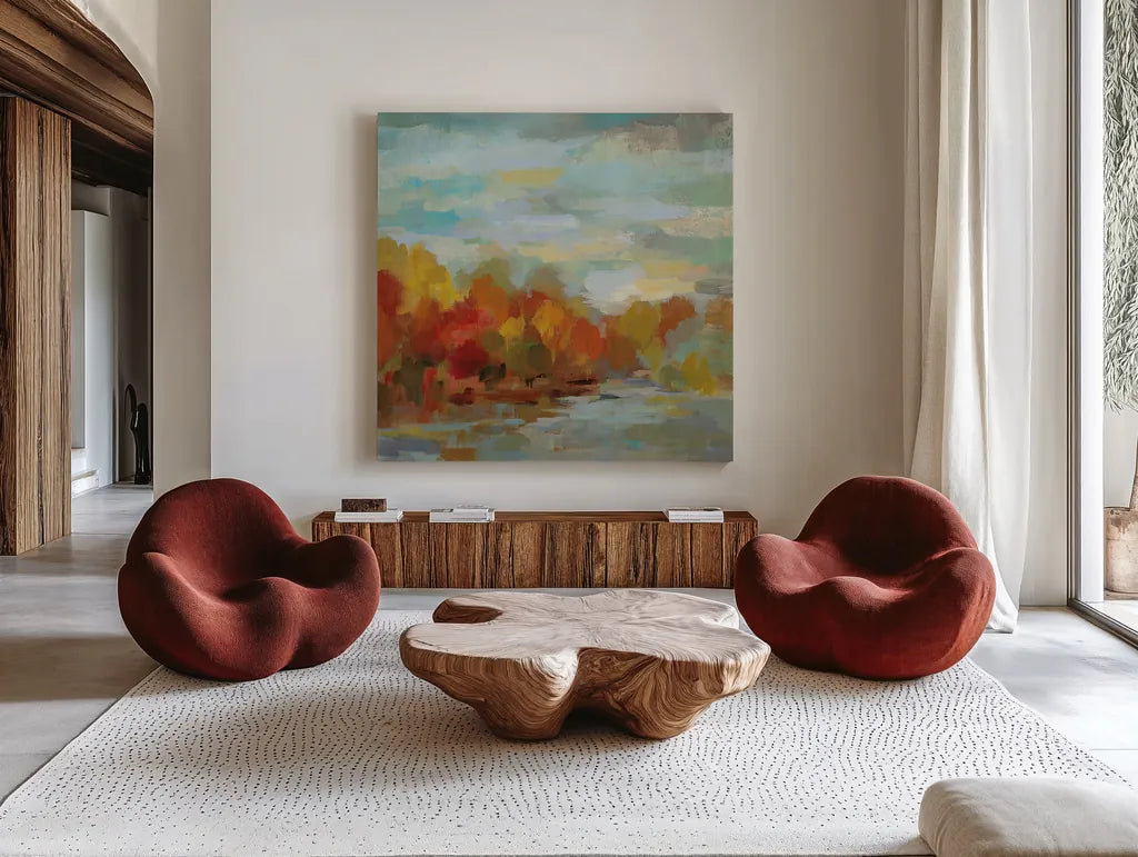 October Dreamscape by Silvia Vassileva. Shown as extra-large giant wall art in a modern living room. Available as an archival giclee rolled canvas, fine art paper, or poster print. SKU 29740a.