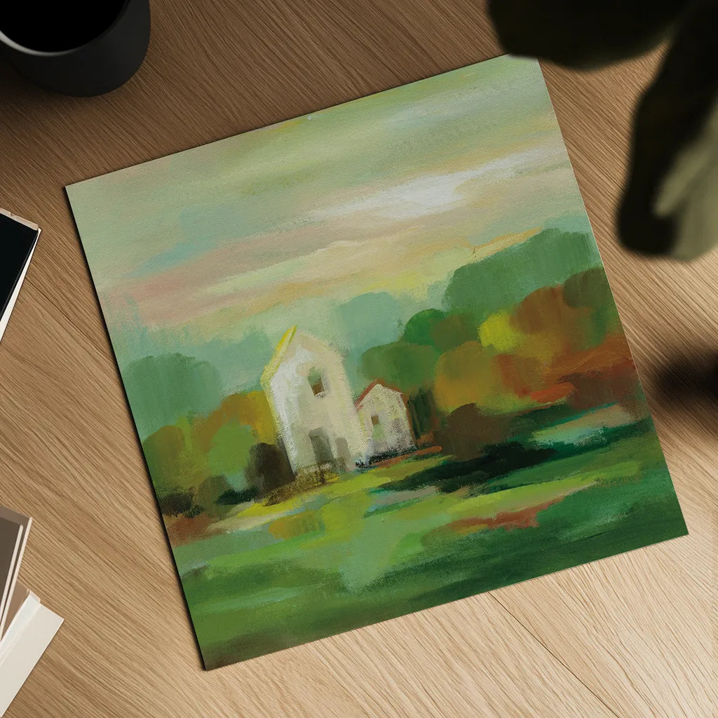 October Farm I by Silvia Vassileva. Shown as a detailed flat fine art print, highlighting archival giclee quality. Available as an archival giclee rolled canvas, fine art paper, or poster print. SKU 36379a.