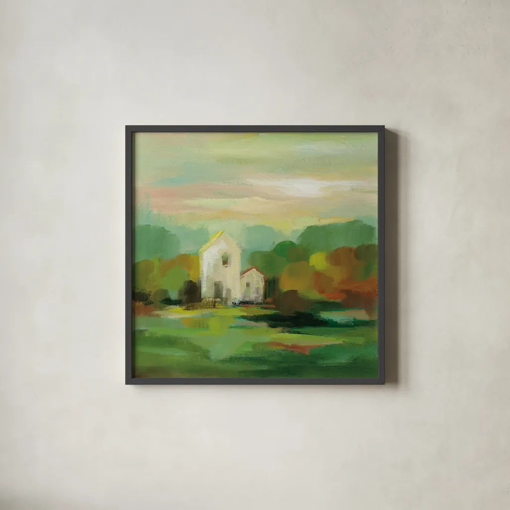 October Farm I by Silvia Vassileva. Shown in a sleek black glass frame for a contemporary gallery look. Available as an archival giclee rolled canvas, fine art paper, or poster print. SKU 36379a.
