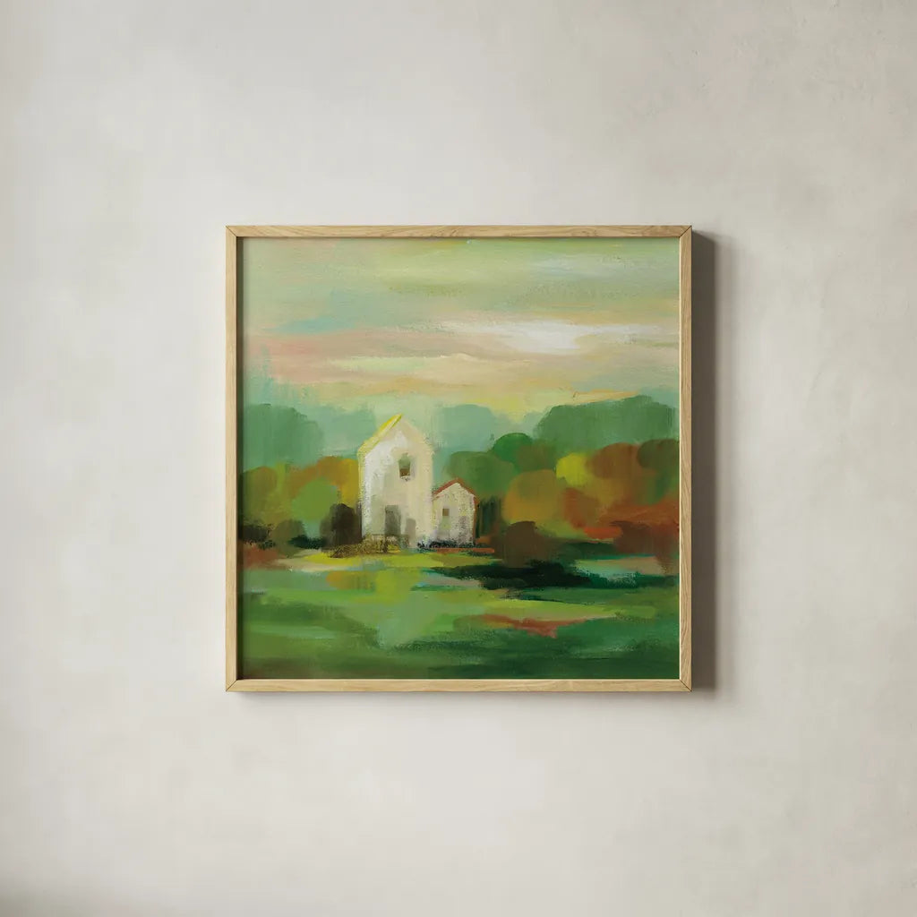 October Farm I by Silvia Vassileva. Shown in a natural wood glass frame for a timeless modern aesthetic. Available as an archival giclee rolled canvas, fine art paper, or poster print. SKU 36379a.
