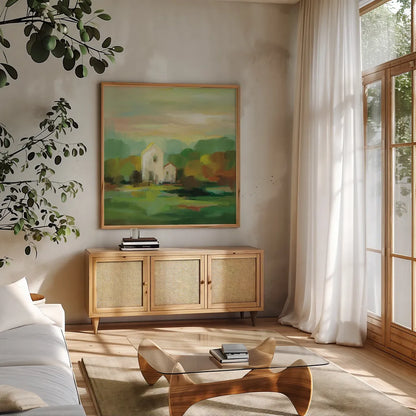 October Farm I by Silvia Vassileva. Shown in a natural wood frame in a cozy modern living room. Available as an archival giclee rolled canvas, fine art paper, or poster print. SKU 36379a.