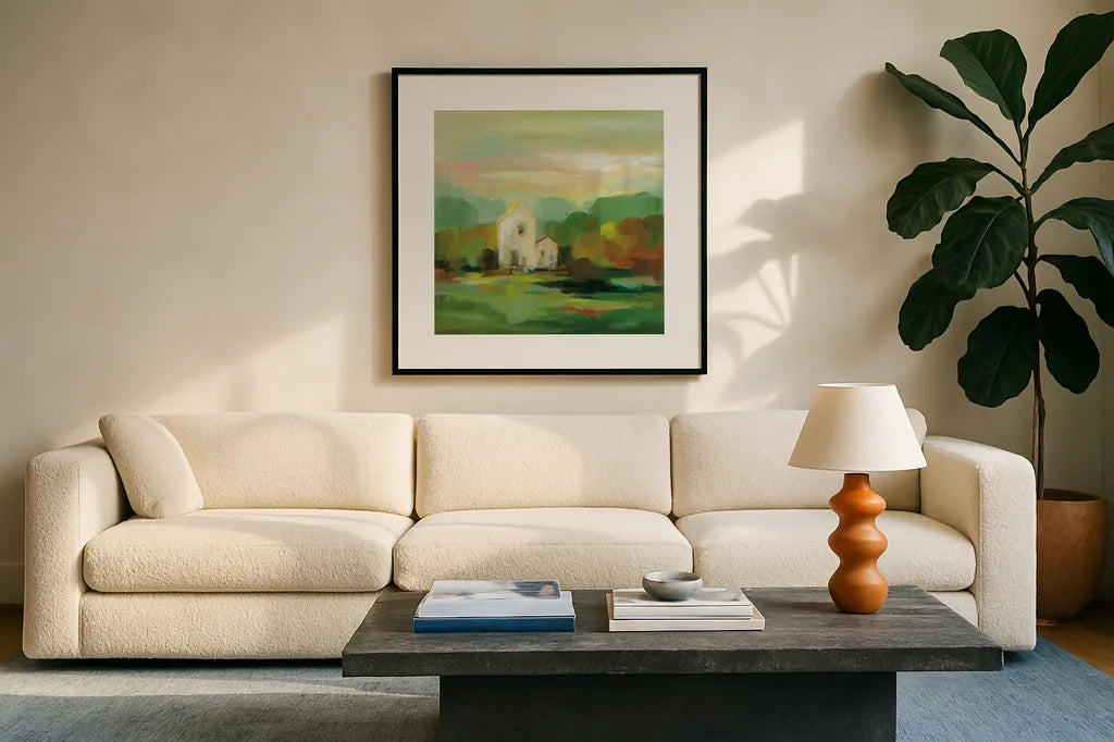 October Farm I by Silvia Vassileva. Displayed in a glass frame with matte in a clean modern living room. Available as an archival giclee rolled canvas, fine art paper, or poster print. SKU 36379a.