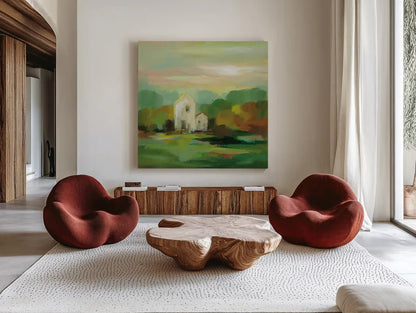 October Farm I by Silvia Vassileva. Shown as extra-large giant wall art in a modern living room. Available as an archival giclee rolled canvas, fine art paper, or poster print. SKU 36379a.
