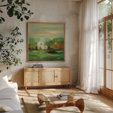 October Farm I v2 by Silvia Vassileva. Shown in a natural wood frame in a cozy modern living room. Available as an archival giclee rolled canvas, fine art paper, or poster print. SKU 36986a.