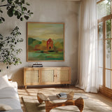 October Farm II by Silvia Vassileva. Shown in a natural wood frame in a cozy modern living room. Available as an archival giclee rolled canvas, fine art paper, or poster print. SKU 36380a.