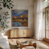 October Glow by Silvia Vassileva. Shown in a natural wood frame in a cozy modern living room. Available as an archival giclee rolled canvas, fine art paper, or poster print. SKU 102546a.