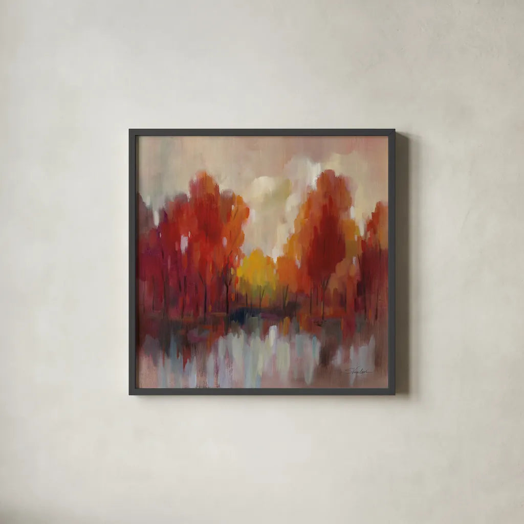 October Memories by Silvia Vassileva. Shown in a sleek black glass frame for a contemporary gallery look. Available as an archival giclee rolled canvas, fine art paper, or poster print. SKU 75992a.