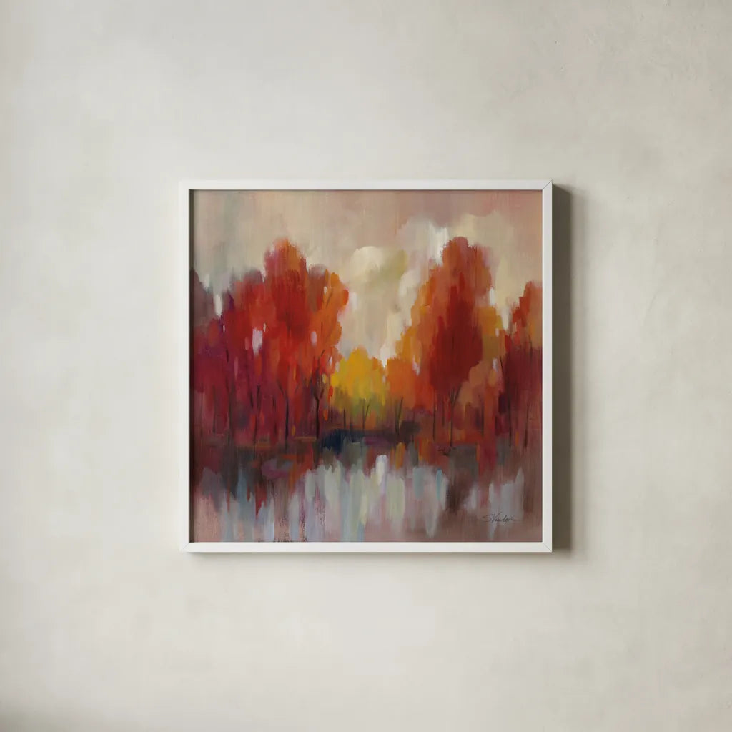 October Memories by Silvia Vassileva. Shown in a crisp white glass frame for a clean and minimalist style. Available as an archival giclee rolled canvas, fine art paper, or poster print. SKU 75992a.