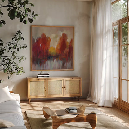 October Memories by Silvia Vassileva. Shown in a natural wood frame in a cozy modern living room. Available as an archival giclee rolled canvas, fine art paper, or poster print. SKU 75992a.