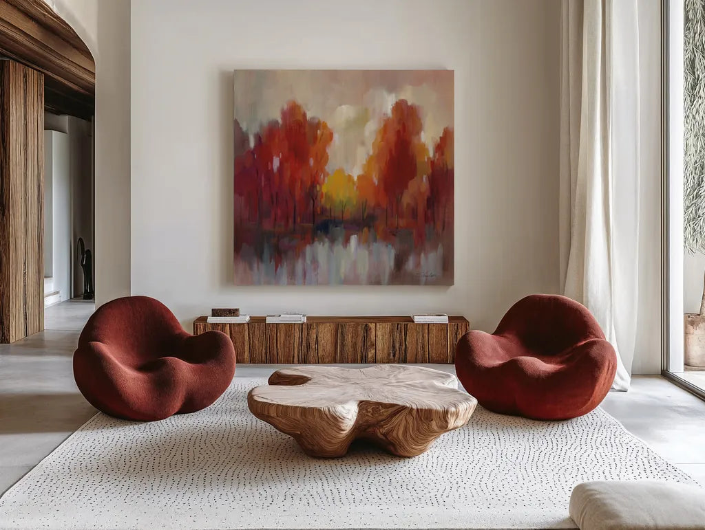 October Memories by Silvia Vassileva. Shown as extra-large giant wall art in a modern living room. Available as an archival giclee rolled canvas, fine art paper, or poster print. SKU 75992a.