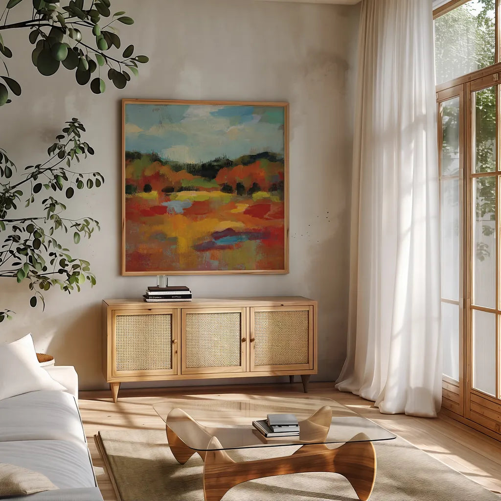 October Moment I by Silvia Vassileva. Shown in a natural wood frame in a cozy modern living room. Available as an archival giclee rolled canvas, fine art paper, or poster print. SKU 29741a.