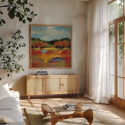 October Moment I by Silvia Vassileva. Shown in a natural wood frame in a cozy modern living room. Available as an archival giclee rolled canvas, fine art paper, or poster print. SKU 29741a.