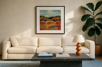 October Moment I by Silvia Vassileva. Displayed in a glass frame with matte in a clean modern living room. Available as an archival giclee rolled canvas, fine art paper, or poster print. SKU 29741a.