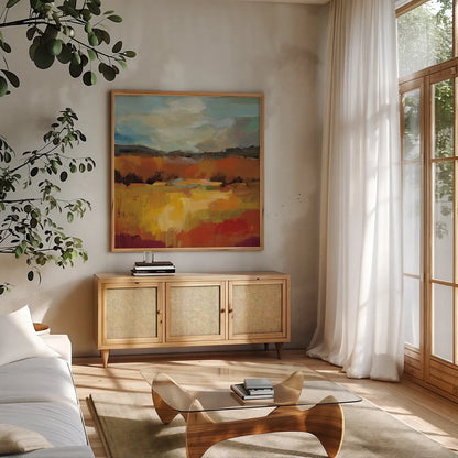 October Moment II by Silvia Vassileva. Shown in a natural wood frame in a cozy modern living room. Available as an archival giclee rolled canvas, fine art paper, or poster print. SKU 29742a.