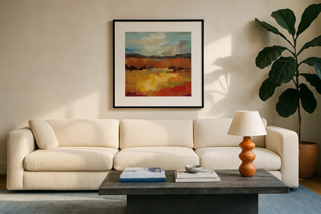 October Moment II by Silvia Vassileva. Displayed in a glass frame with matte in a clean modern living room. Available as an archival giclee rolled canvas, fine art paper, or poster print. SKU 29742a.