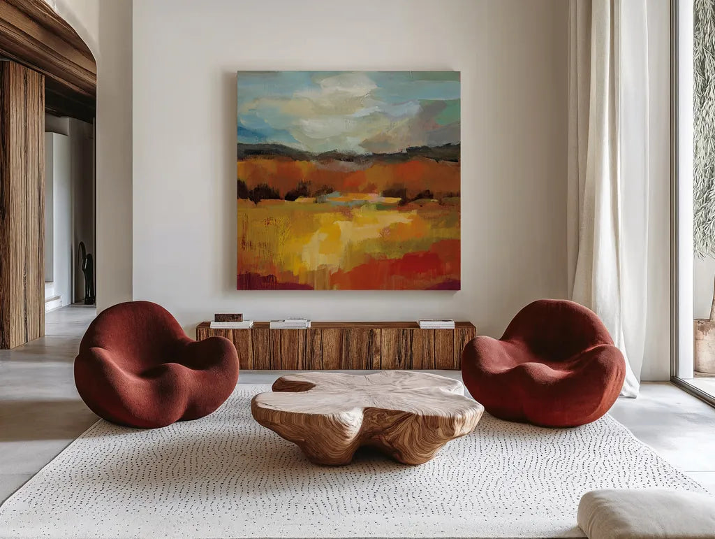 October Moment II by Silvia Vassileva. Shown as extra-large giant wall art in a modern living room. Available as an archival giclee rolled canvas, fine art paper, or poster print. SKU 29742a.