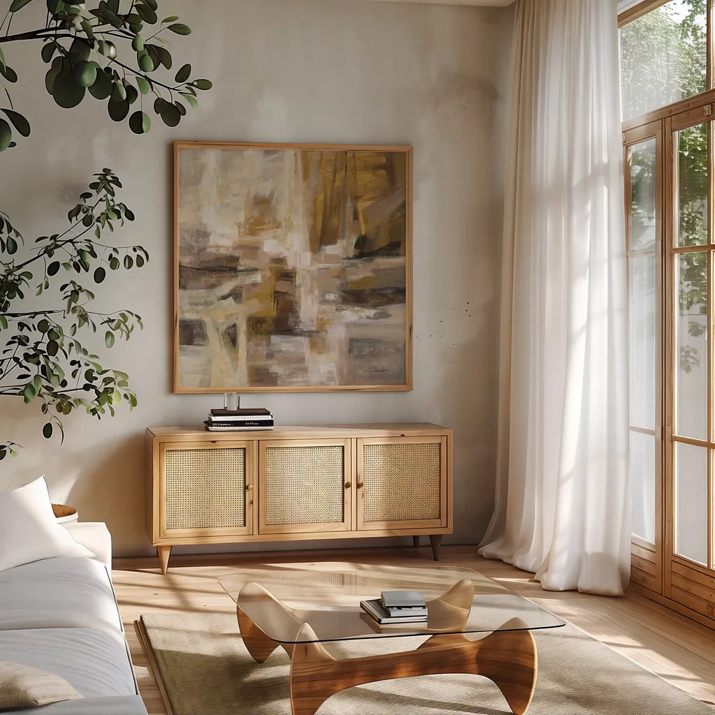 October Sunshine by Silvia Vassileva. Shown in a natural wood frame in a cozy modern living room. Available as an archival giclee rolled canvas, fine art paper, or poster print. SKU 75993a.