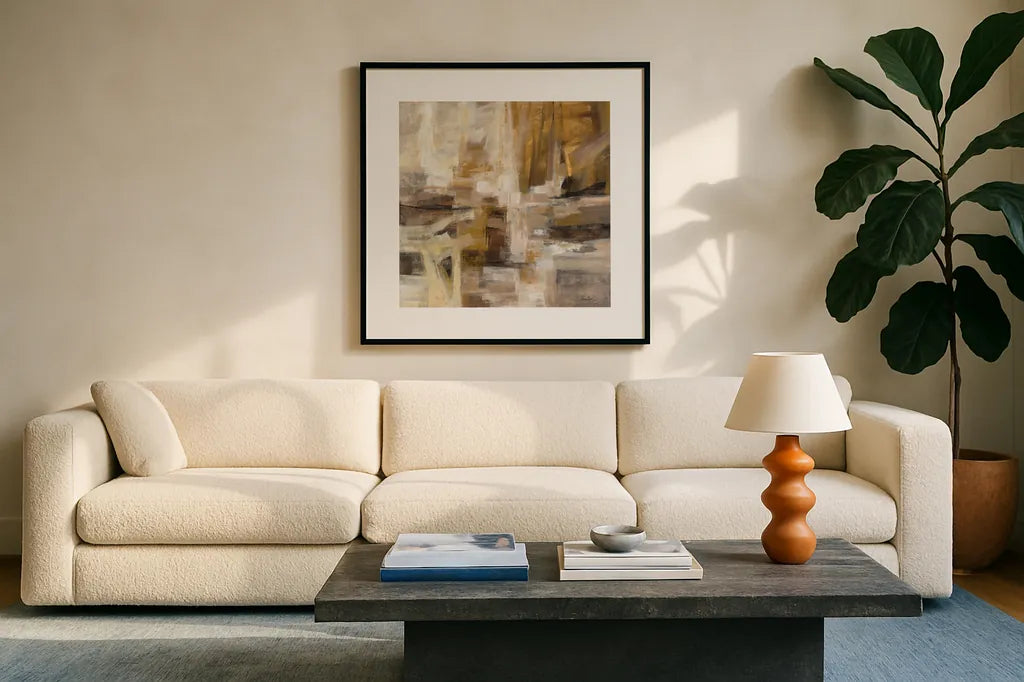 October Sunshine by Silvia Vassileva. Displayed in a glass frame with matte in a clean modern living room. Available as an archival giclee rolled canvas, fine art paper, or poster print. SKU 75993a.