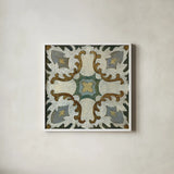 Old World Tile I by Silvia Vassileva. Shown in a crisp white glass frame for a clean and minimalist style. Available as an archival giclee rolled canvas, fine art paper, or poster print. SKU 58092a.
