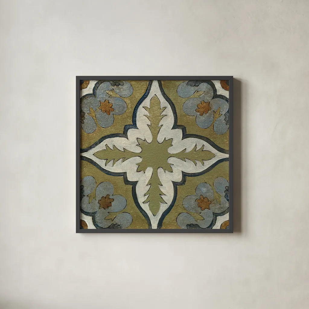 Old World Tile II by Silvia Vassileva. Shown in a sleek black glass frame for a contemporary gallery look. Available as an archival giclee rolled canvas, fine art paper, or poster print. SKU 58093a.