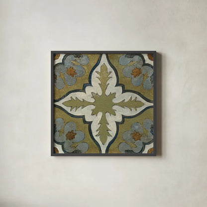 Old World Tile II by Silvia Vassileva. Shown in a sleek black glass frame for a contemporary gallery look. Available as an archival giclee rolled canvas, fine art paper, or poster print. SKU 58093a.