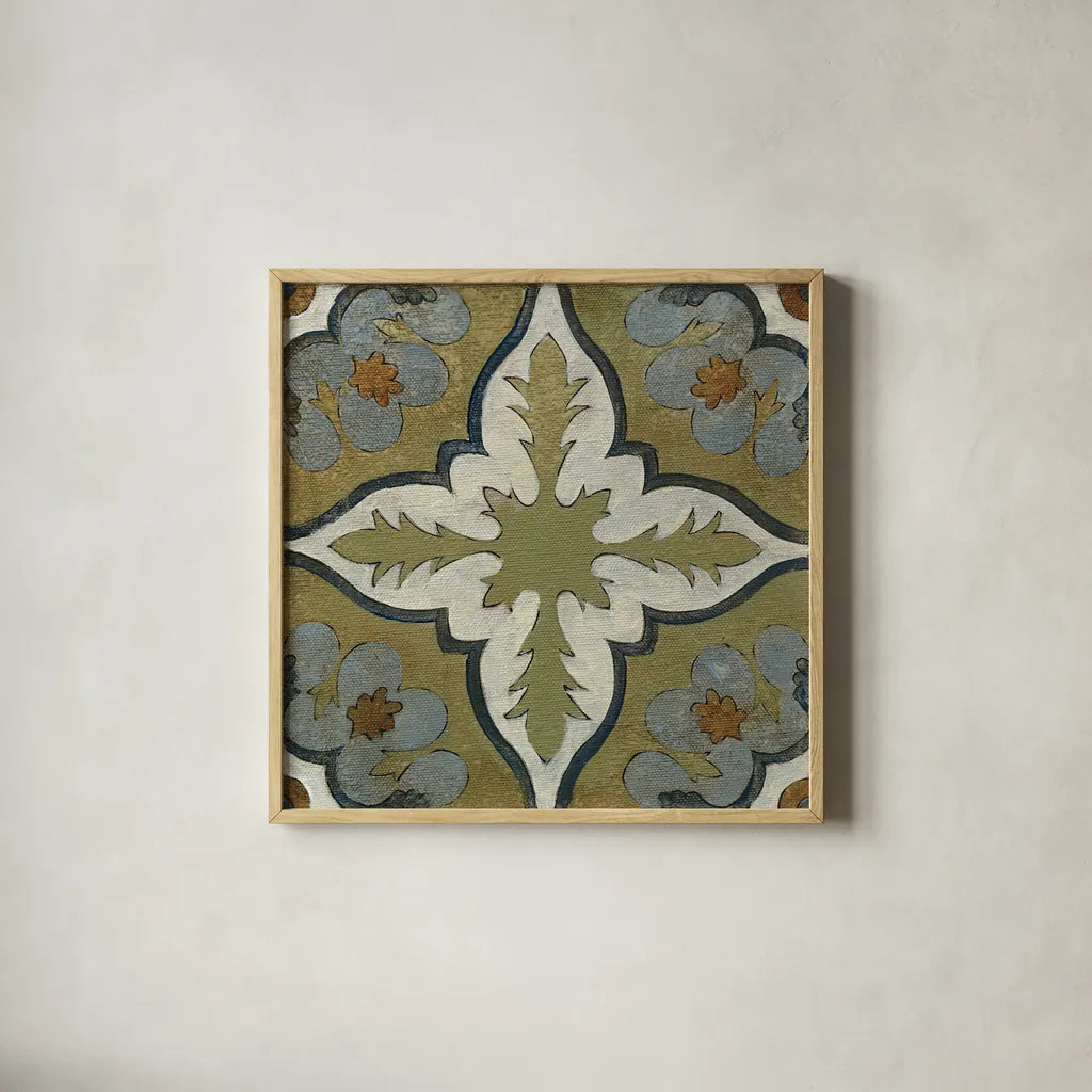 Old World Tile II by Silvia Vassileva. Shown in a natural wood glass frame for a timeless modern aesthetic. Available as an archival giclee rolled canvas, fine art paper, or poster print. SKU 58093a.