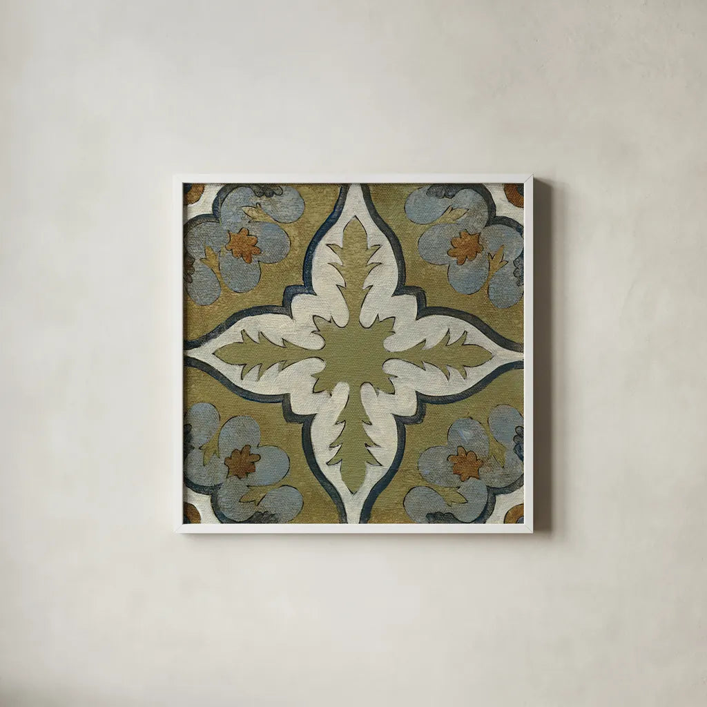 Old World Tile II by Silvia Vassileva. Shown in a crisp white glass frame for a clean and minimalist style. Available as an archival giclee rolled canvas, fine art paper, or poster print. SKU 58093a.