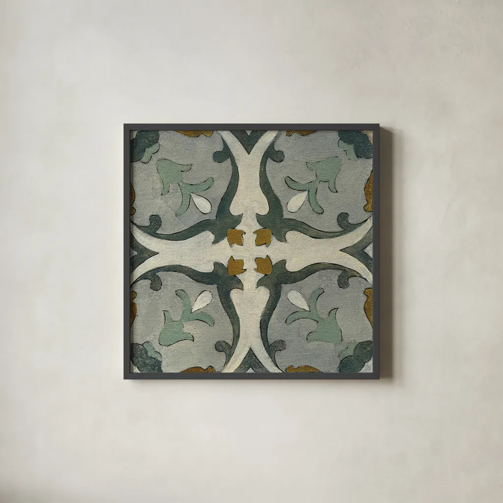 Old World Tile III by Silvia Vassileva. Shown in a sleek black glass frame for a contemporary gallery look. Available as an archival giclee rolled canvas, fine art paper, or poster print. SKU 58094a.