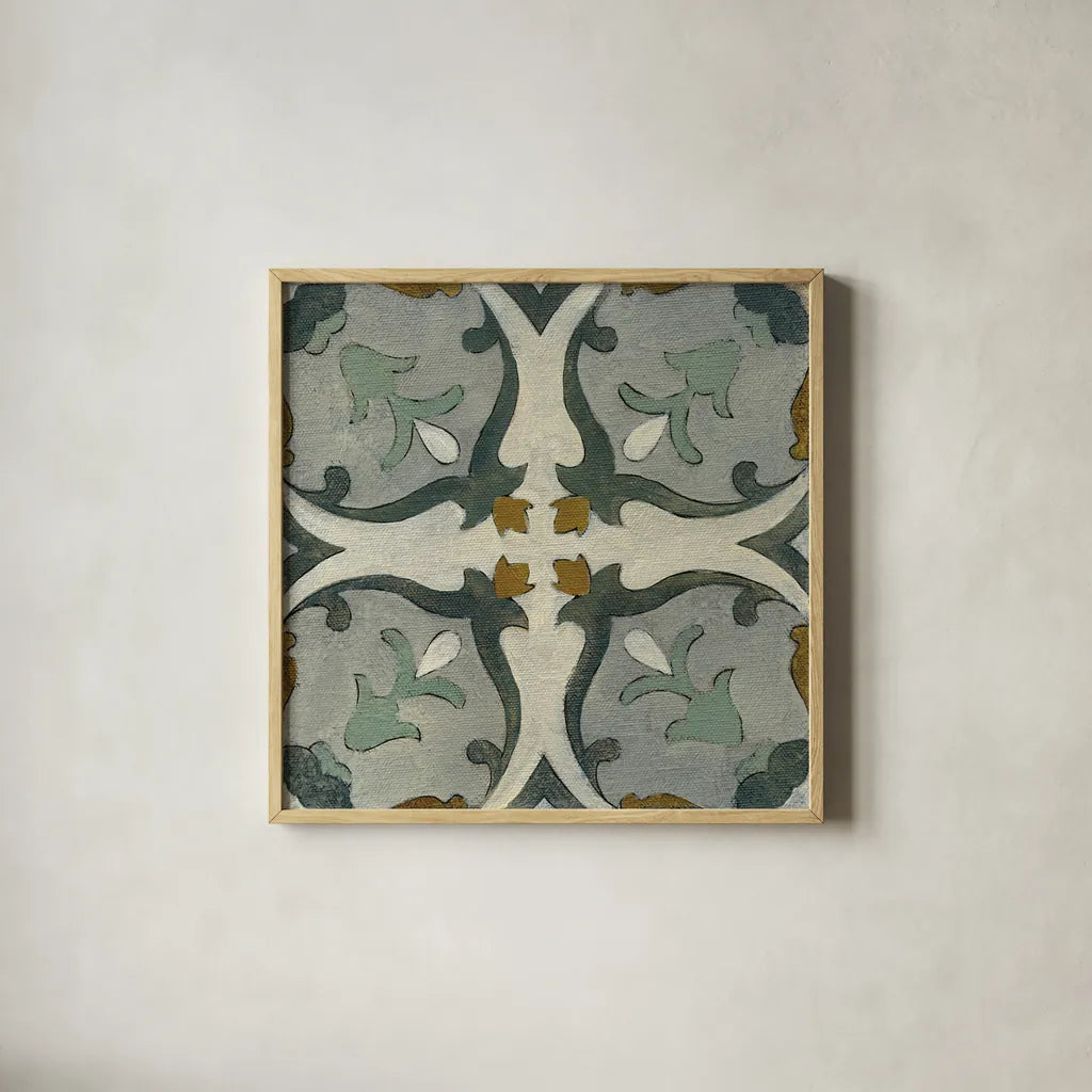 Old World Tile III by Silvia Vassileva. Shown in a natural wood glass frame for a timeless modern aesthetic. Available as an archival giclee rolled canvas, fine art paper, or poster print. SKU 58094a.