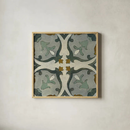 Old World Tile III by Silvia Vassileva. Shown in a natural wood glass frame for a timeless modern aesthetic. Available as an archival giclee rolled canvas, fine art paper, or poster print. SKU 58094a.