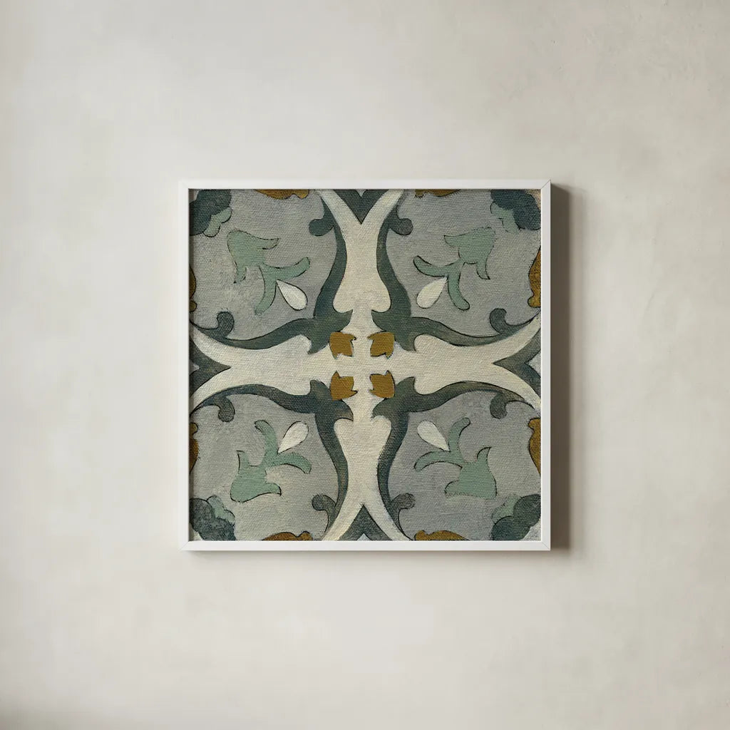 Old World Tile III by Silvia Vassileva. Shown in a crisp white glass frame for a clean and minimalist style. Available as an archival giclee rolled canvas, fine art paper, or poster print. SKU 58094a.