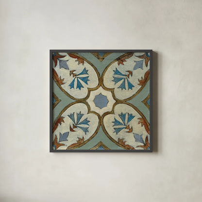 Old World Tile IV by Silvia Vassileva. Shown in a sleek black glass frame for a contemporary gallery look. Available as an archival giclee rolled canvas, fine art paper, or poster print. SKU 58095a.