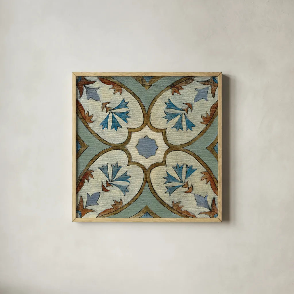 Old World Tile IV by Silvia Vassileva. Shown in a natural wood glass frame for a timeless modern aesthetic. Available as an archival giclee rolled canvas, fine art paper, or poster print. SKU 58095a.