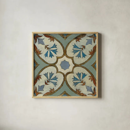Old World Tile IV by Silvia Vassileva. Shown in a natural wood glass frame for a timeless modern aesthetic. Available as an archival giclee rolled canvas, fine art paper, or poster print. SKU 58095a.