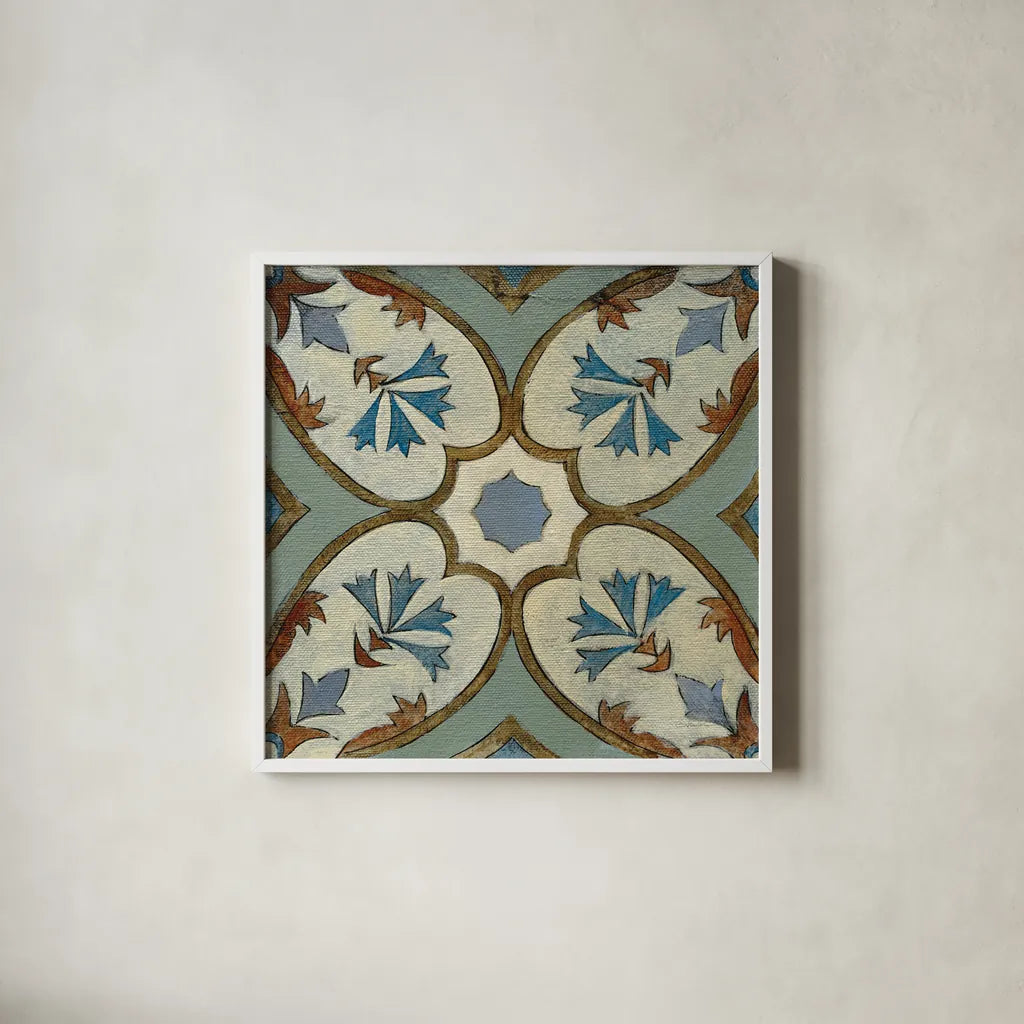 Old World Tile IV by Silvia Vassileva. Shown in a crisp white glass frame for a clean and minimalist style. Available as an archival giclee rolled canvas, fine art paper, or poster print. SKU 58095a.