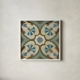 Old World Tile IV by Silvia Vassileva. Shown in a crisp white glass frame for a clean and minimalist style. Available as an archival giclee rolled canvas, fine art paper, or poster print. SKU 58095a.