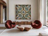 Old World Tile IV by Silvia Vassileva. Shown as extra-large giant wall art in a modern living room. Available as an archival giclee rolled canvas, fine art paper, or poster print. SKU 58095a.