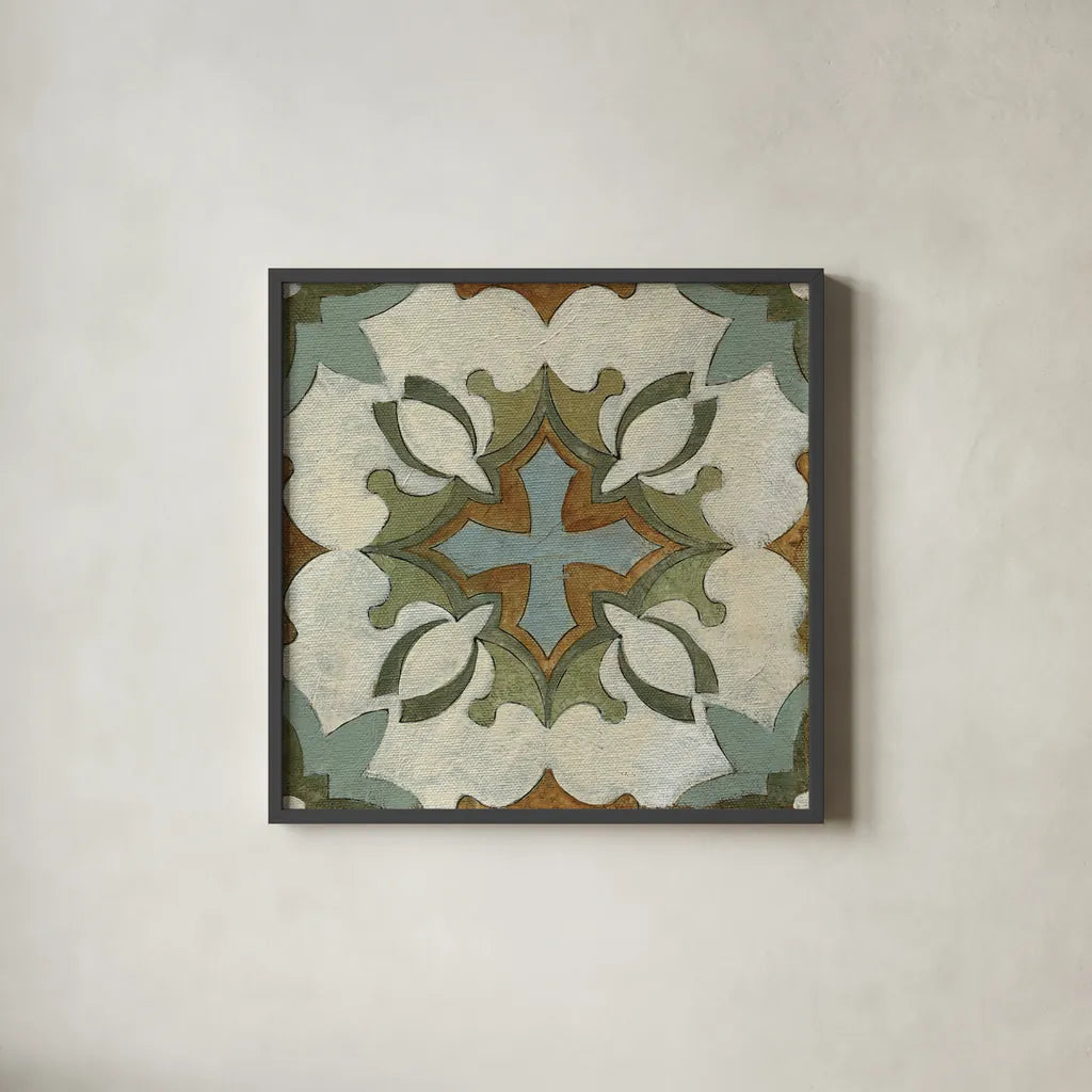 Old World Tile IX by Silvia Vassileva. Shown in a sleek black glass frame for a contemporary gallery look. Available as an archival giclee rolled canvas, fine art paper, or poster print. SKU 58100a.