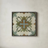 Old World Tile IX by Silvia Vassileva. Shown in a sleek black glass frame for a contemporary gallery look. Available as an archival giclee rolled canvas, fine art paper, or poster print. SKU 58100a.